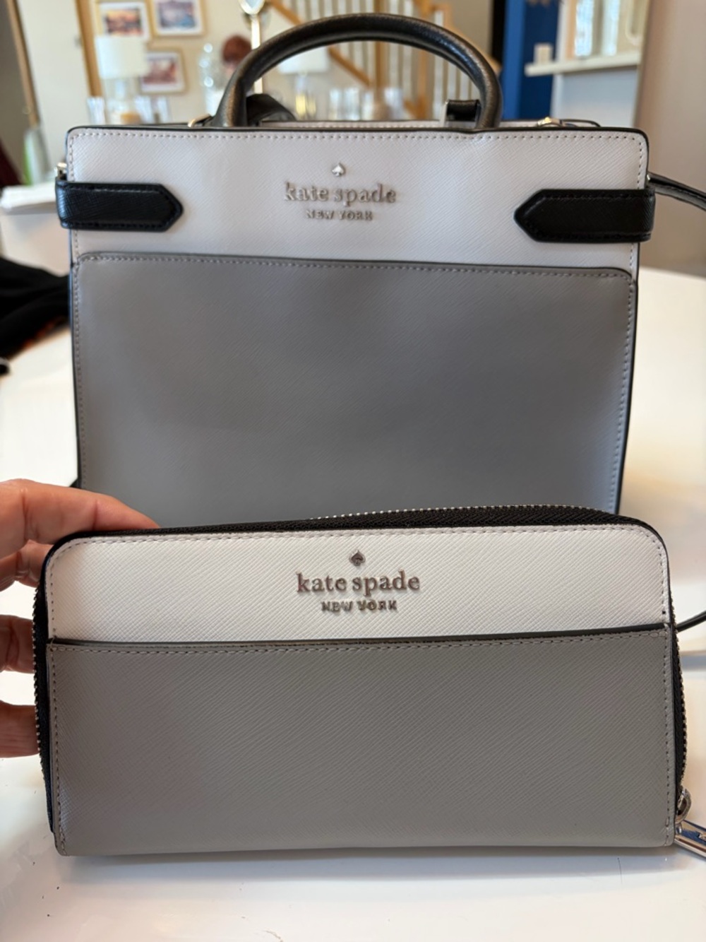 #659 Kate spade Two-Tone Gray, White & Black Leather Wallet and Satchel Set